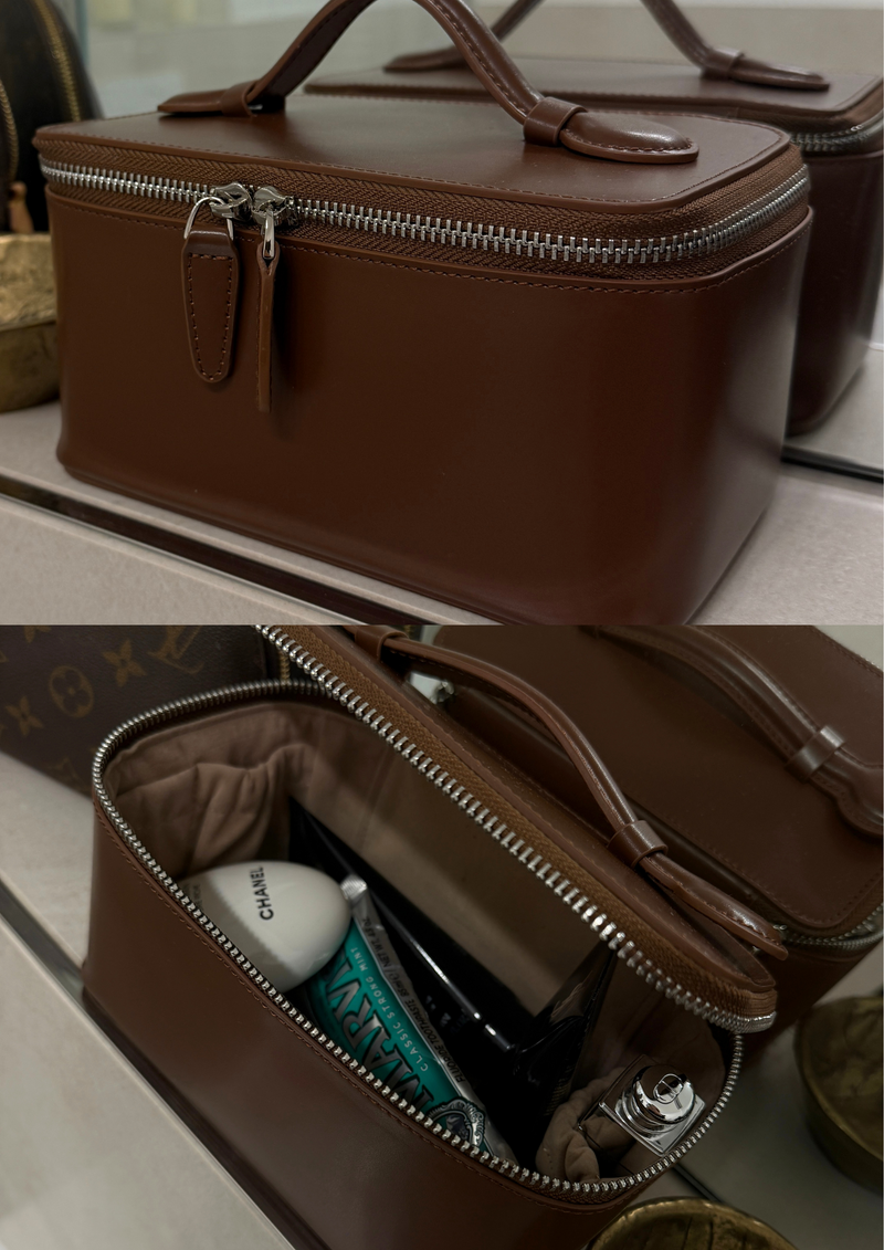 LEATHER COSMETIC BAG DARKBROWN